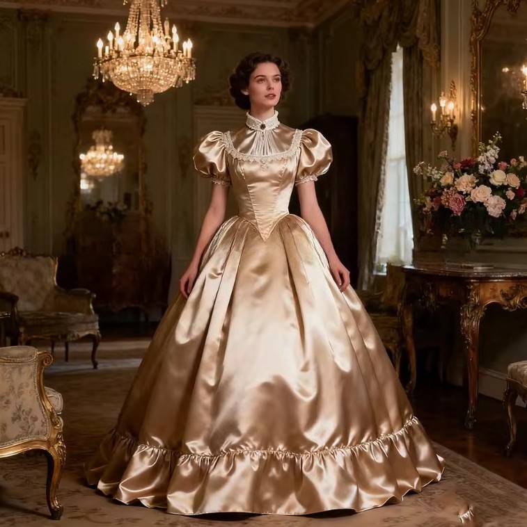 Medieval Champagne Wedding Dresses High Neck Pleated Stain Victorian Bridal Gown