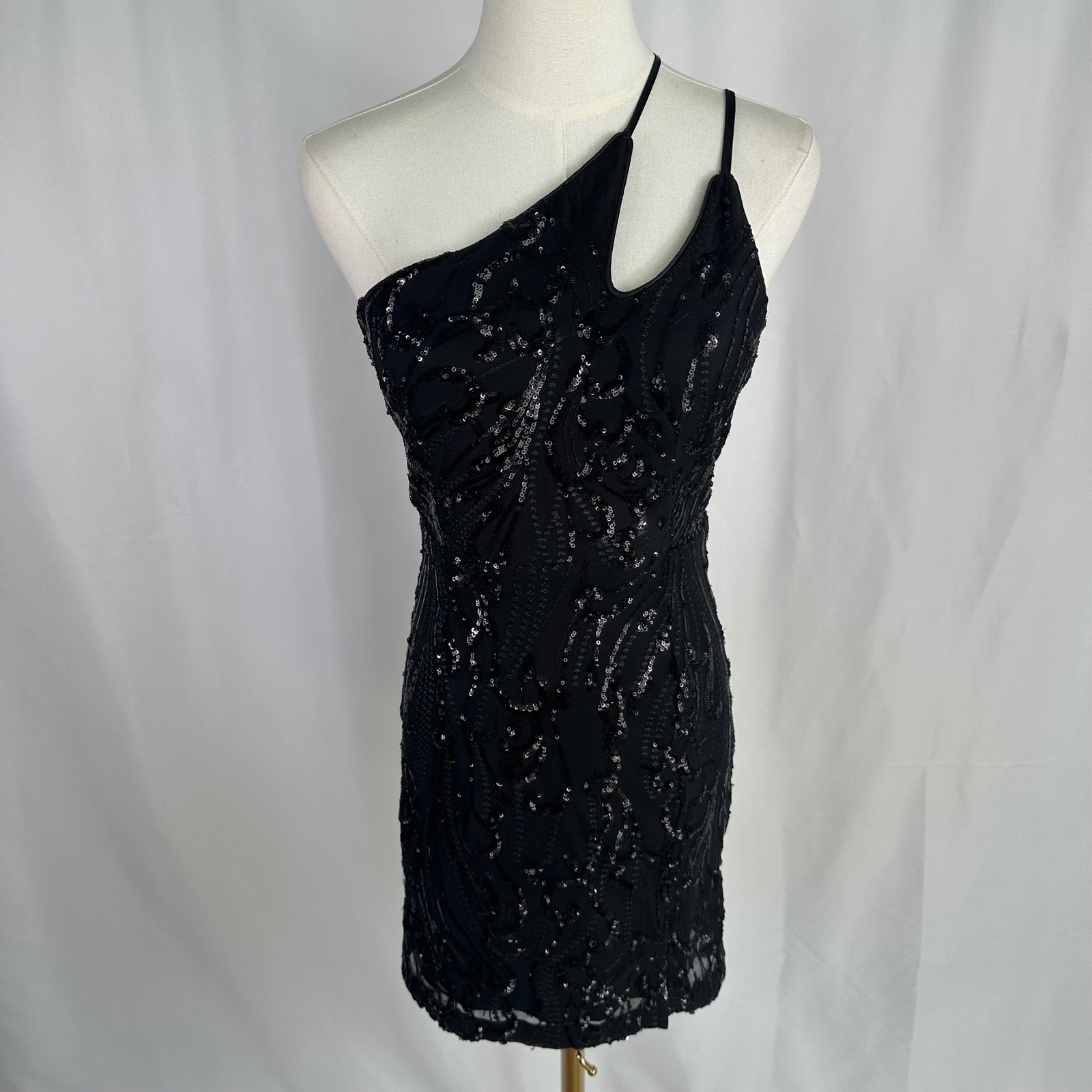 Lulus Black Sequin One Shoulder Mini Dress Womens Size M Bodycon Cocktail Slit