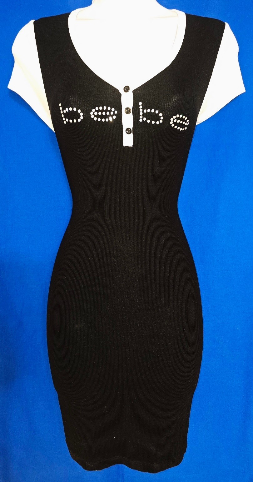 “RARE” BEBE SWAROVSKI CRYSTAL RHINESTONE LOGO BUTTON FRONT DRESS STRETCHY S NWOT