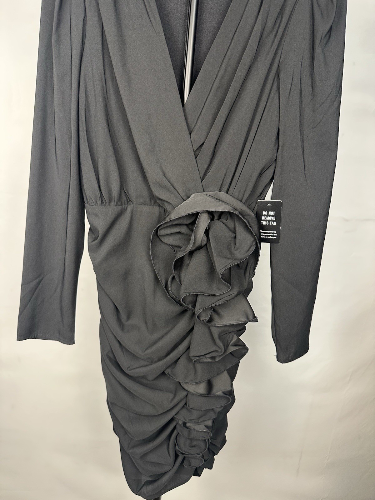 NWT Express Black Ruched Ruffle V-Neck Puff Long Sleeve Short Dress Size S