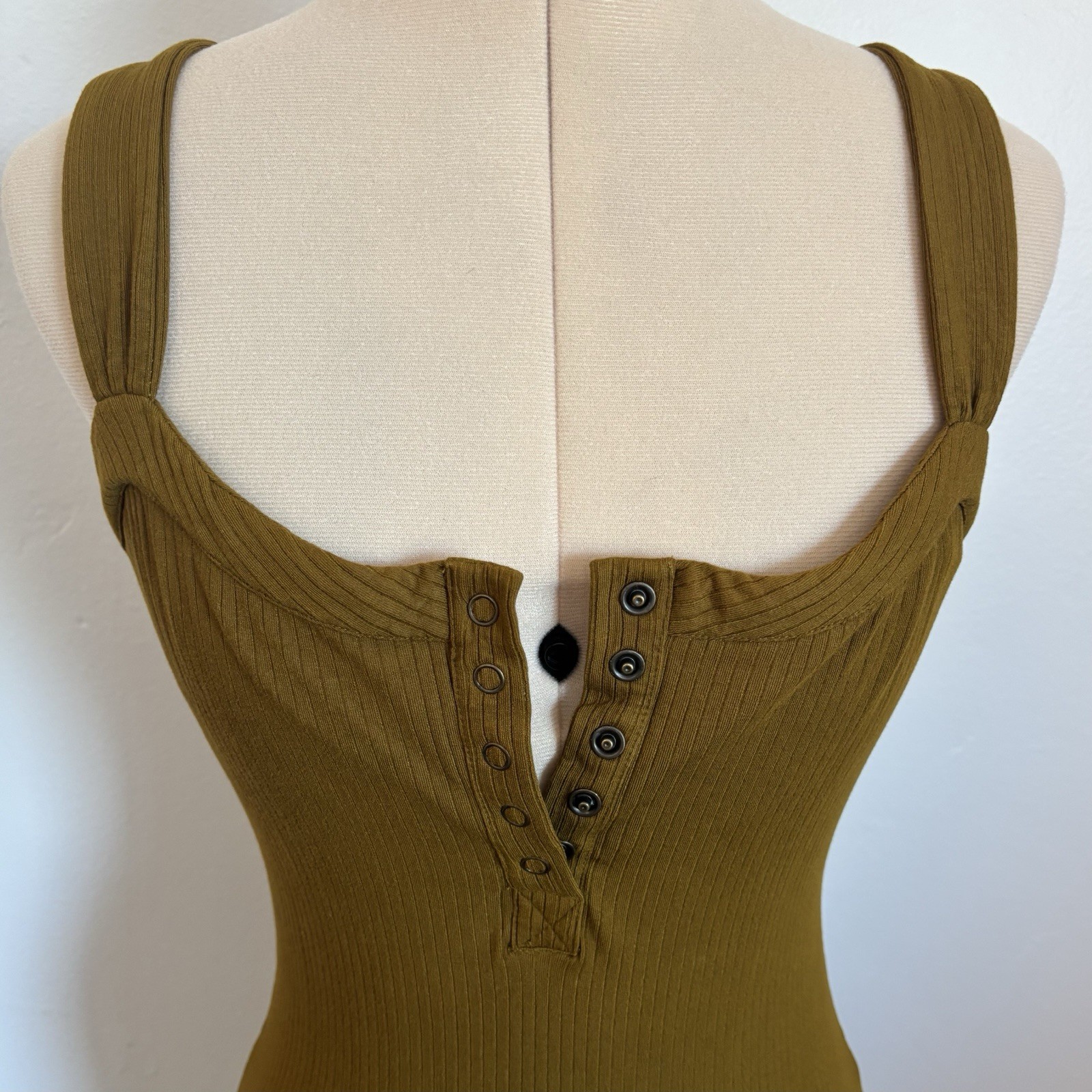 L*Space Louise Ribbed Knee Length Dress, Olive Moss Green, Thick Tank Straps, S