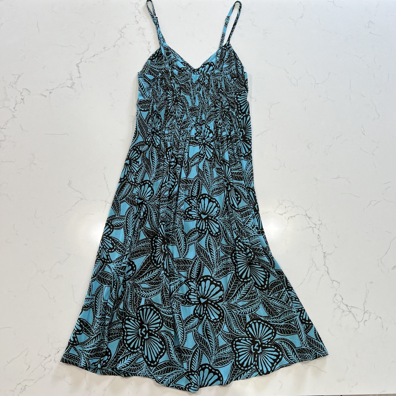 Piramide Clothing Company Handmade Teal & Brown MIDI Dress 100% Rayon Sz M EUC