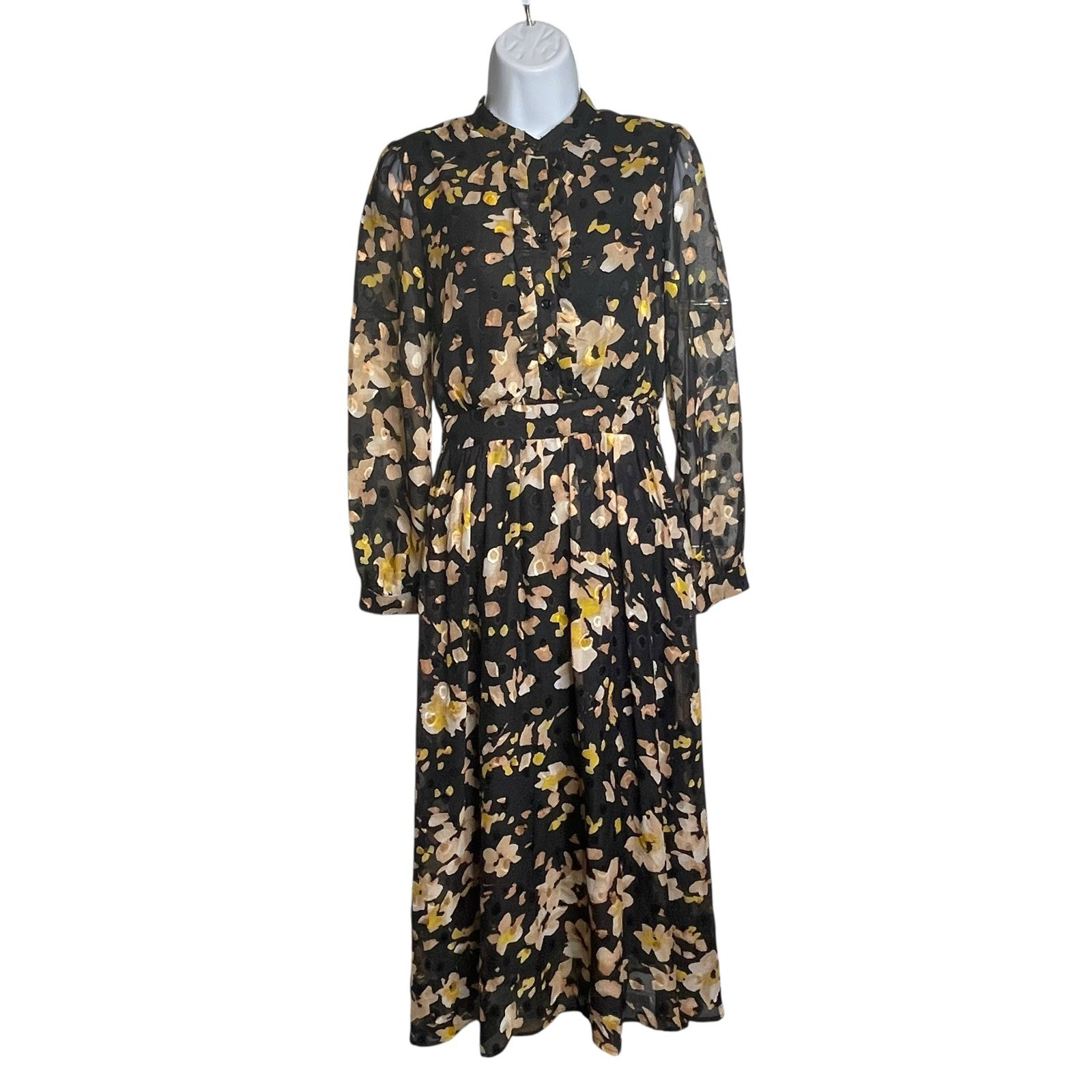 FRNCH PARIS Gold Black Floral Print Midi Dress Size XS Dark-Boho Modern Chic