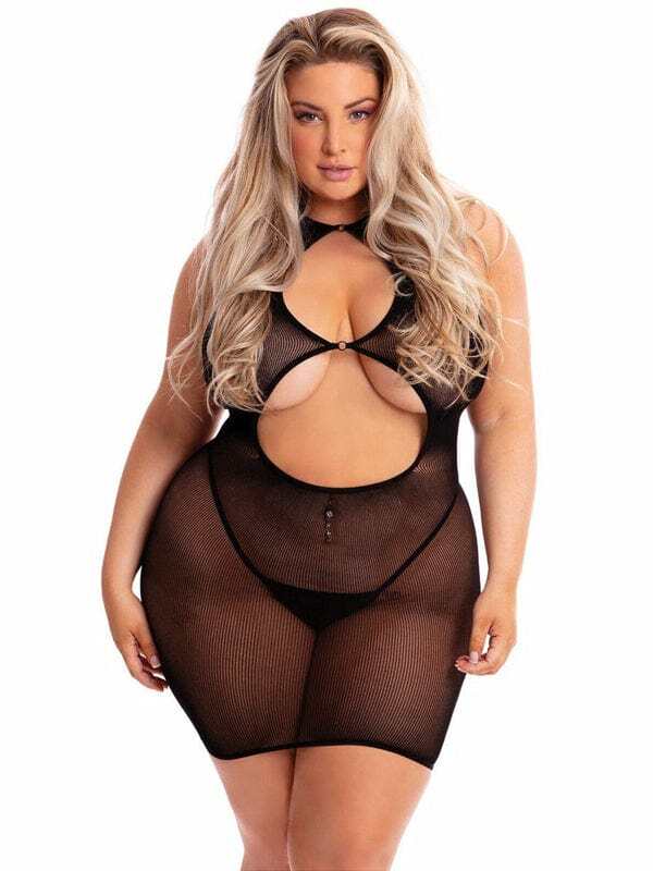 Sexy Plus Size Semi Sheer Opaque Black Follow Me Mini Party Club Dress