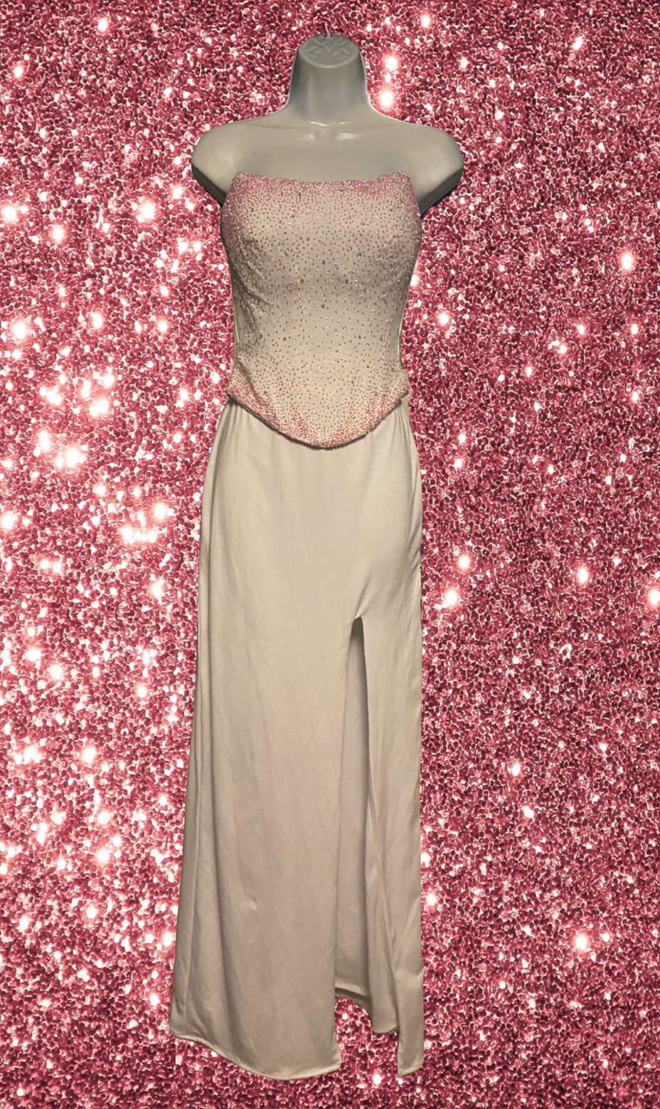 Pink and white vintage Casandra Stone strapless evening dress size 2