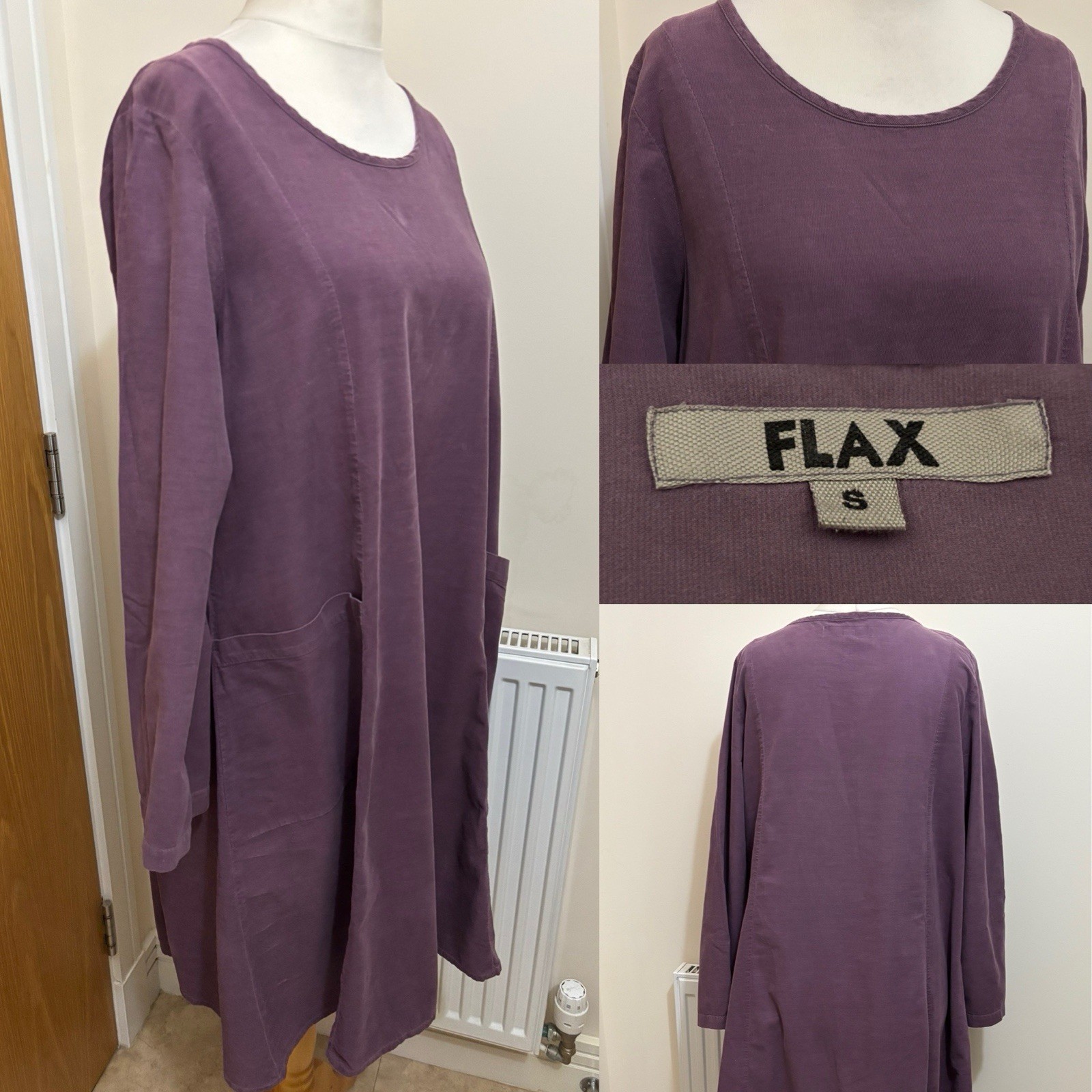 FLAX Mauve Purple NEEDLECORD Corduroy OVERSIZED Dress S 40” L39” POCKETS Arty