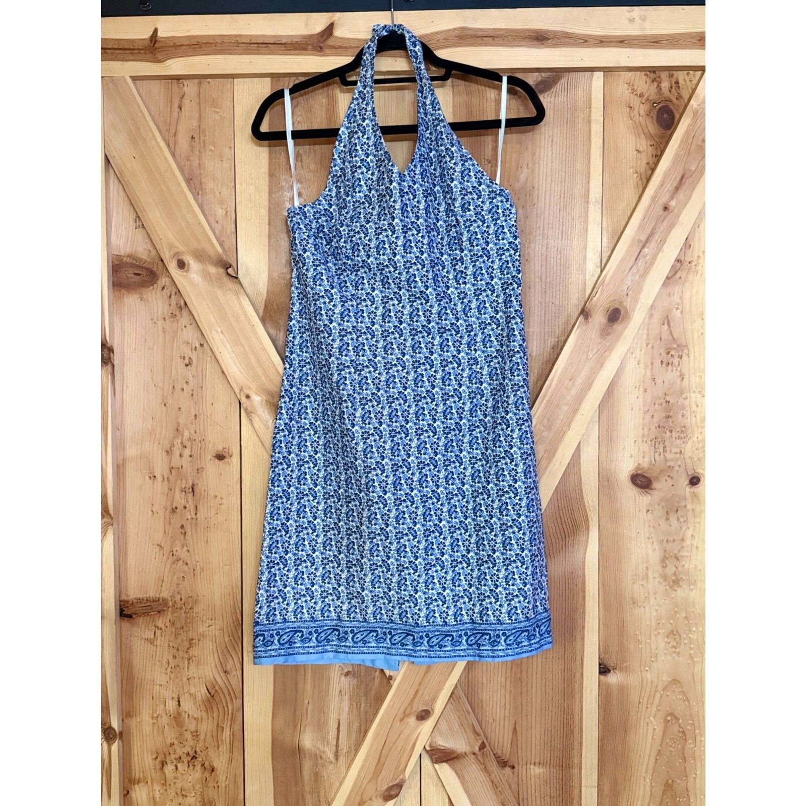 Vtg Chico Y2K Blue Floral Halter Backless Sundress Calico Mini Dress V Neck