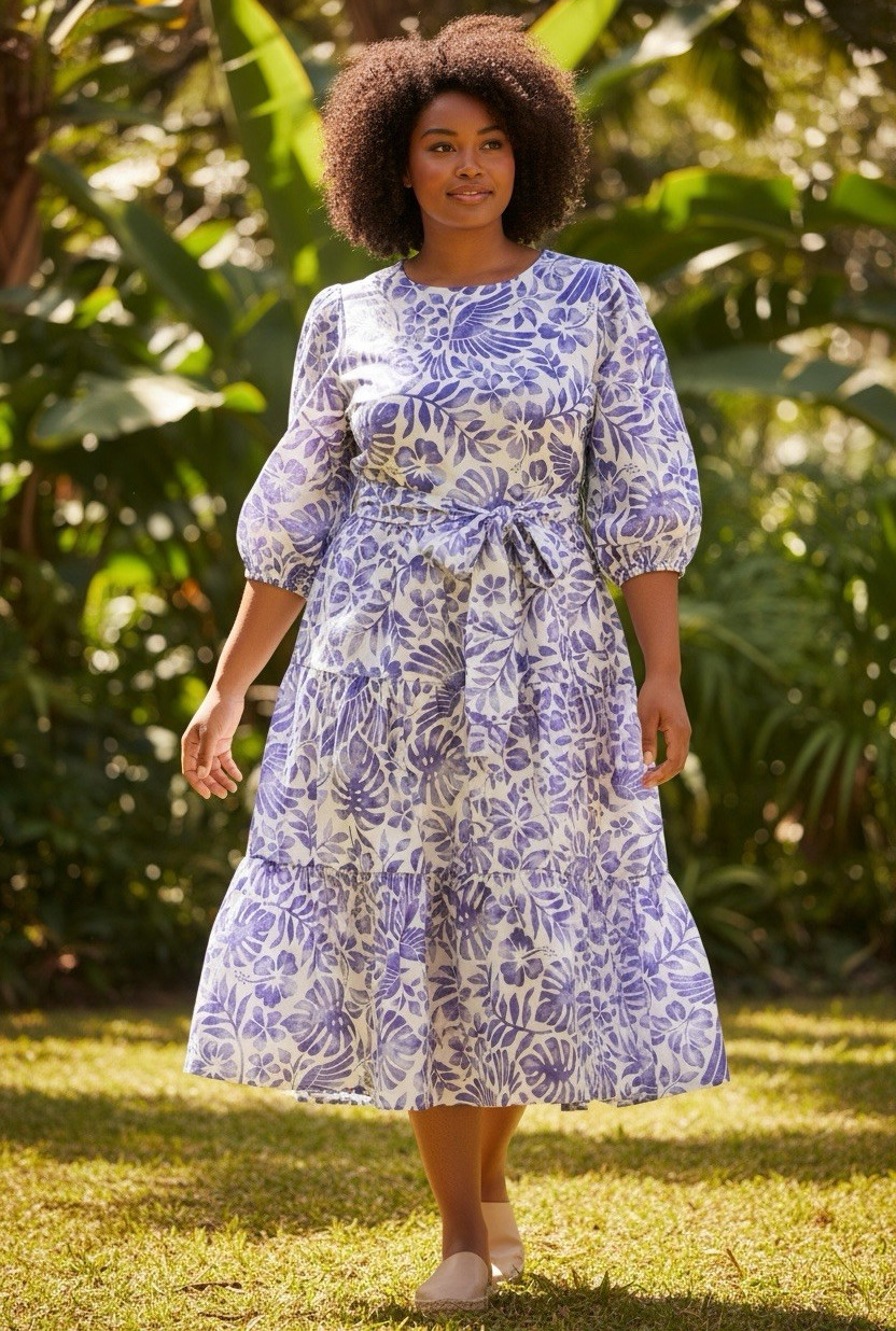 Lane Bryant White Purple Floral Puff 3/4 Sleeve Midi Dress Womens 18 Plus