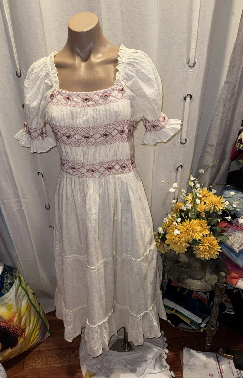 Ivy City Co. Embroidered Smocked Midi Dress Medium Ivory Romantic Cottagecore