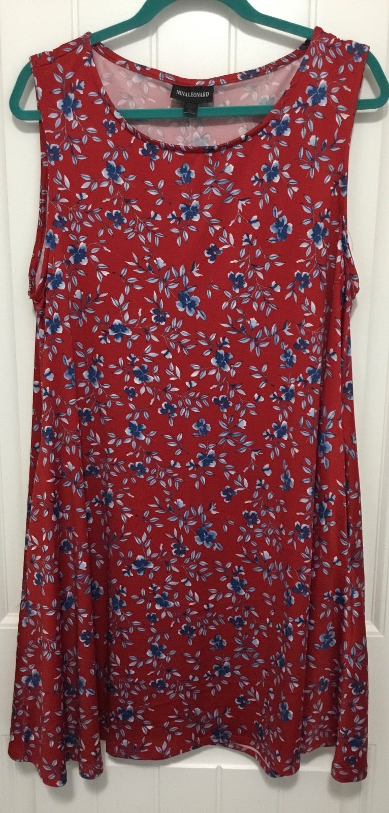 Nina Leonard Women’s Red White Blue America Tropical Dress Sleeveless Pockets XL