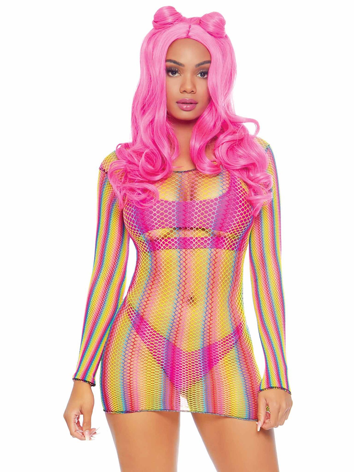 Rainbow Fishnet Long Sleeved Mini Dress – One Size – Rainbow