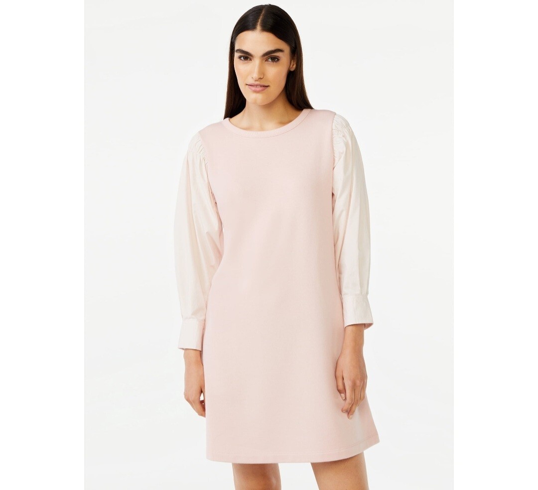 Free Assembly Women’s Smocked Mini Dress with Square Shoulders Silver Pink, L