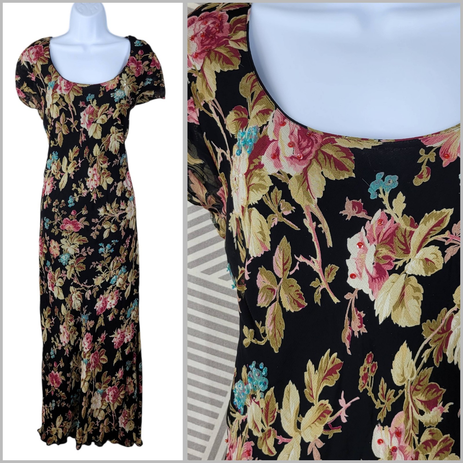 Vintage 90s Party Slip Dress sz 14 Long Maxi Layered black Pink Grunge alt Rose