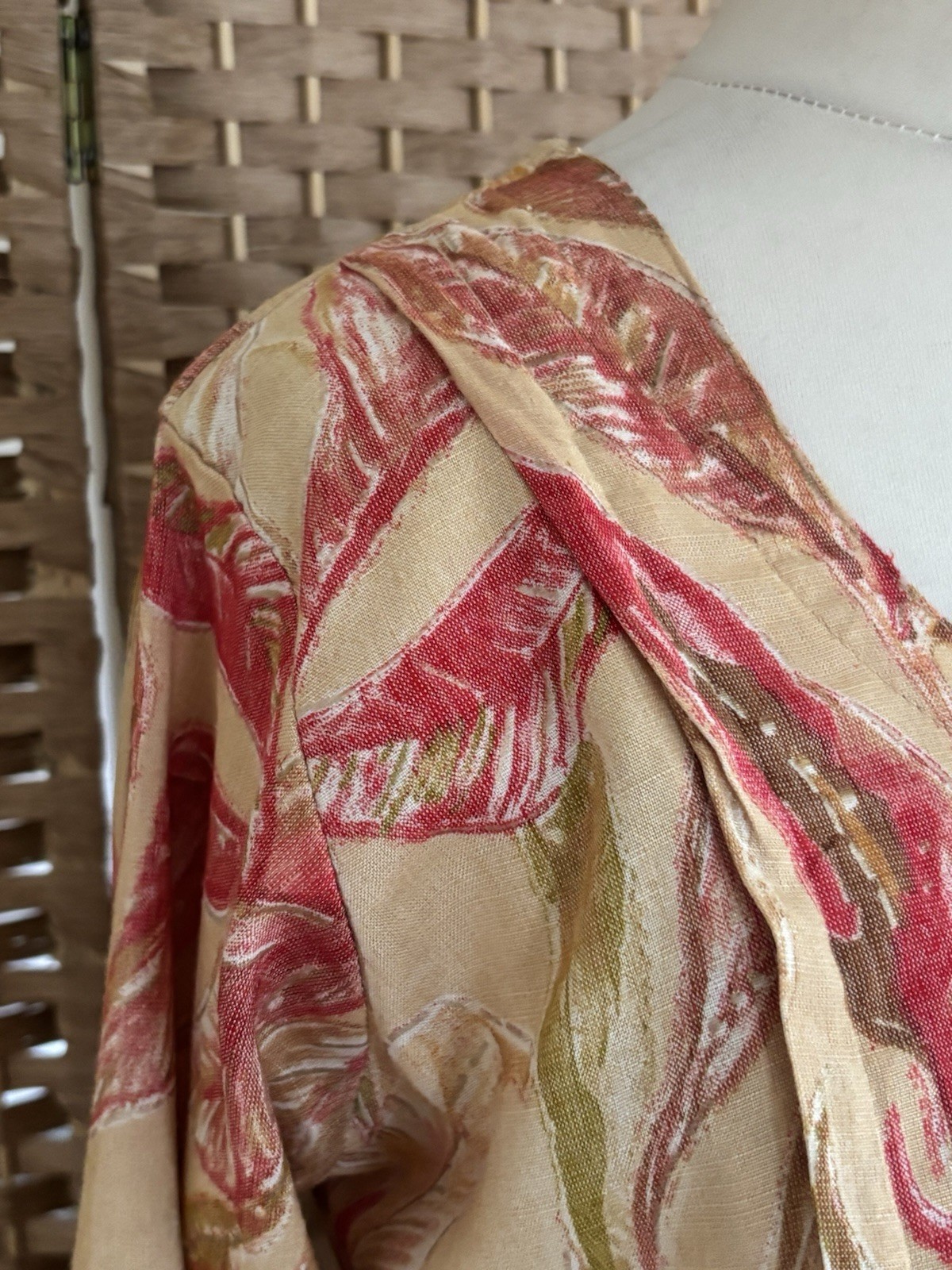 HOOH Pink Tan FOLIAGE Print BUTTON Tie Back NURSING Dress 12 14 L42” ARTY Zips