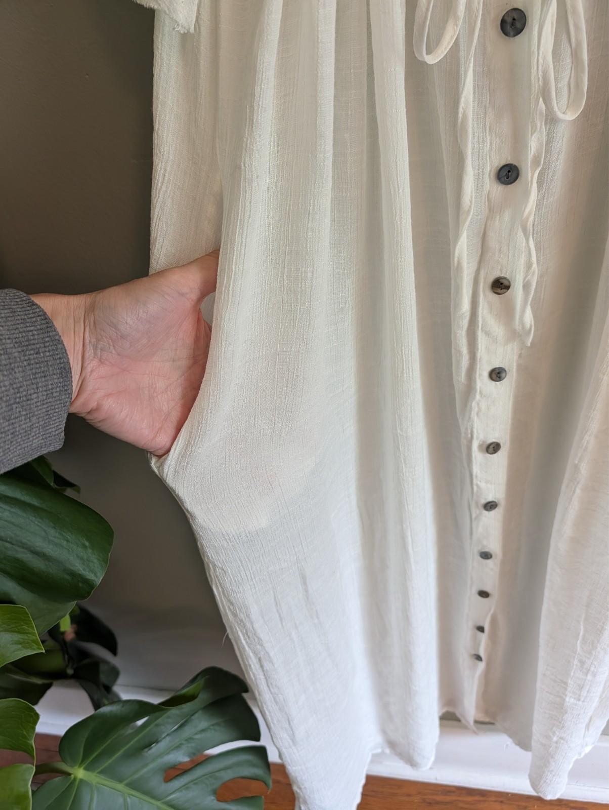 White Gauze Maxi Dress Cover Up Flowy Button Front Tie Back Boho Beach Feminine