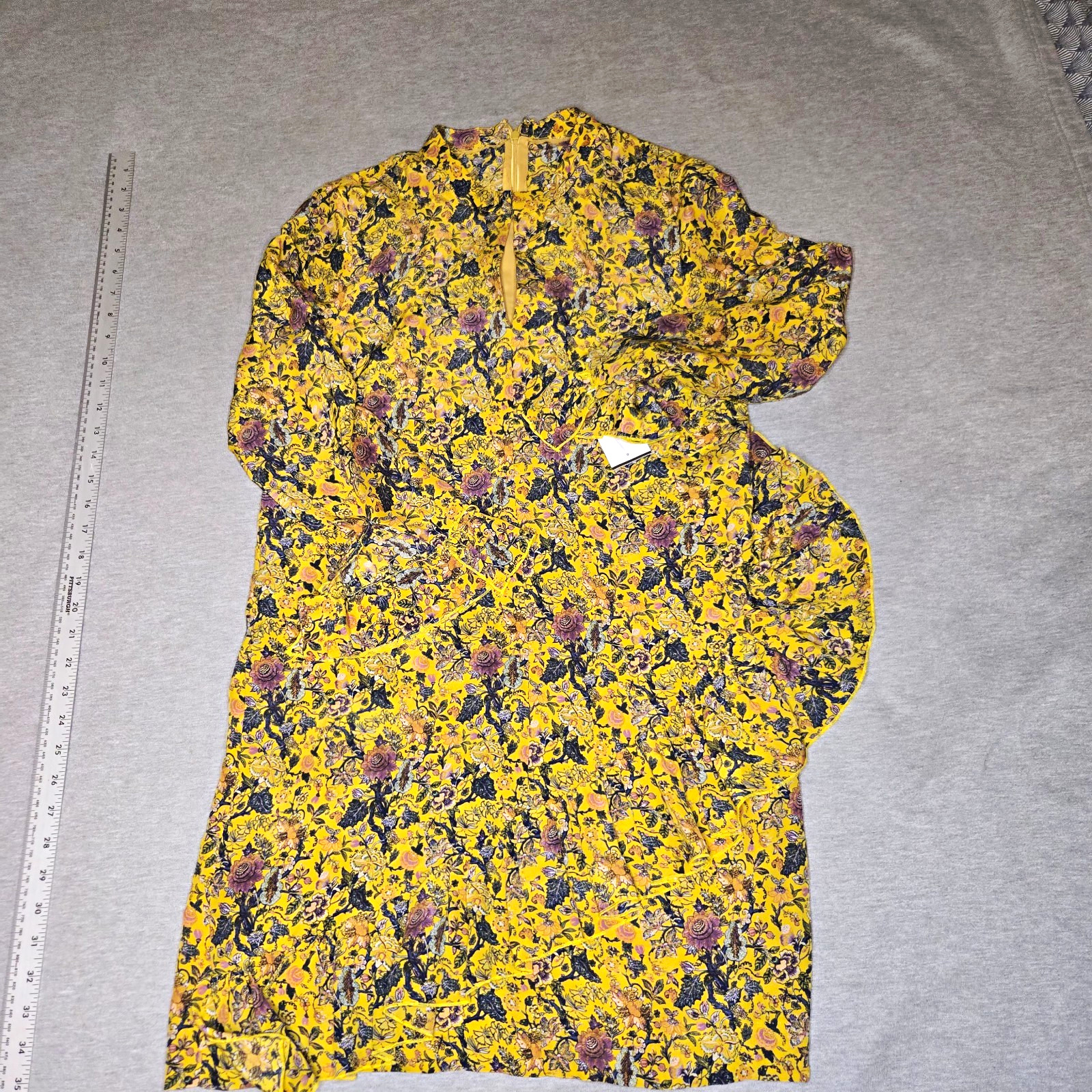 Women’s Yellow Floral Rayon Long Sleeve Ruffle Knee Length Dress S Zip