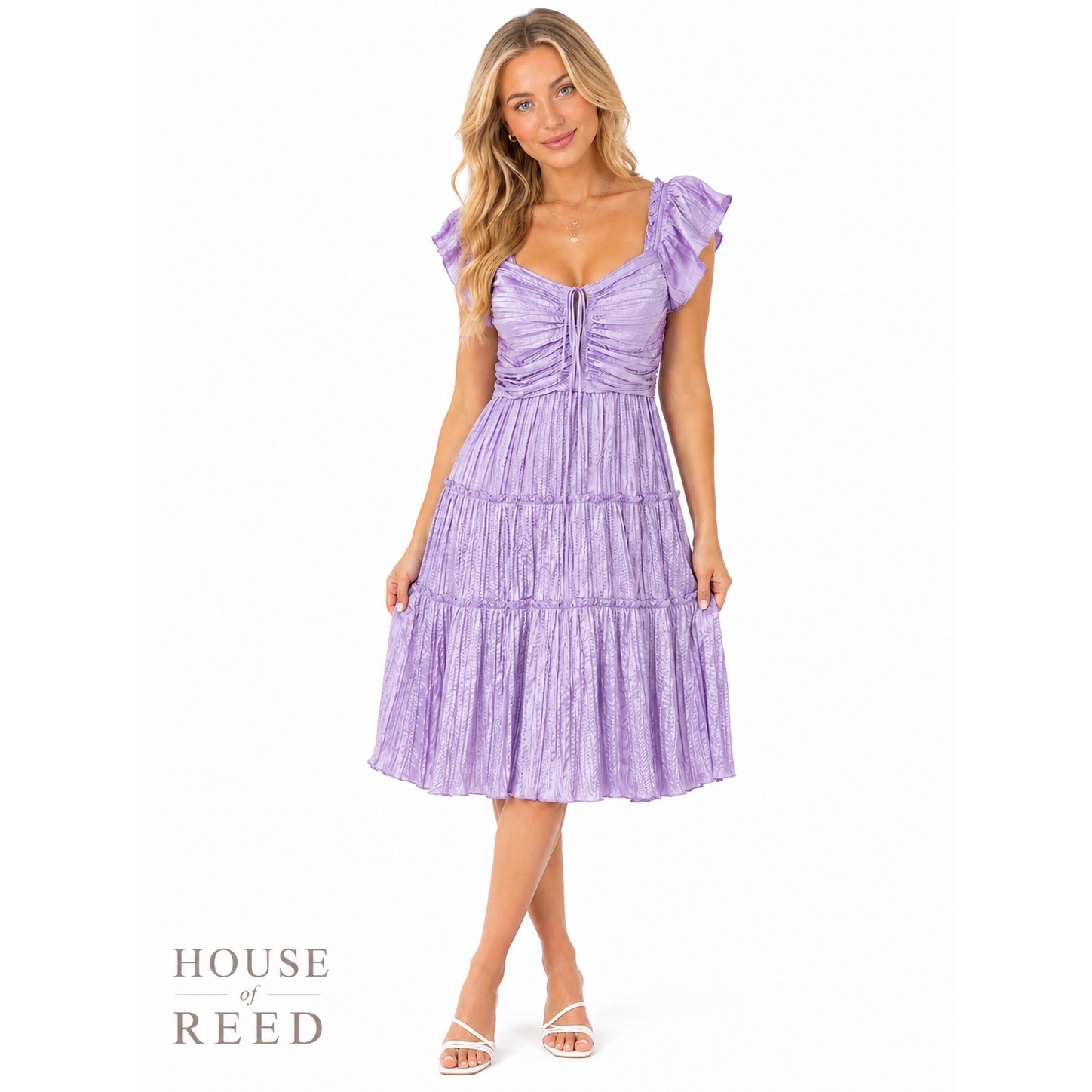 Entro Purple Pleated Midi Dress Womens Large Flutter Sleeve Tiered Smocke