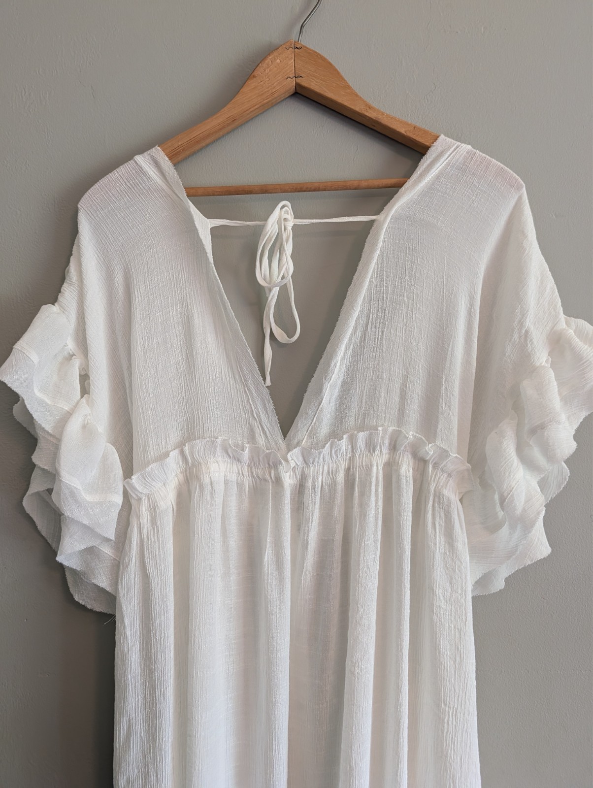 White Gauze Maxi Dress Cover Up Flowy Button Front Tie Back Boho Beach Feminine