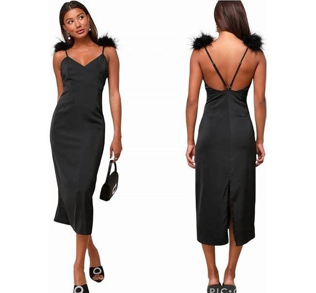 NWT Lulus Exquisite Invite Black Satin Feather Backless Midi Dress Womens Large