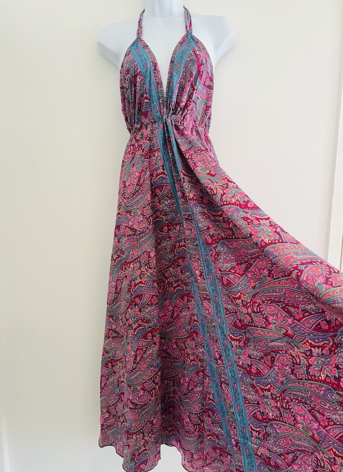 Pink Maxi Dress Long One Size Halter Neck Hippie Indian Bohemian Floaty Summer