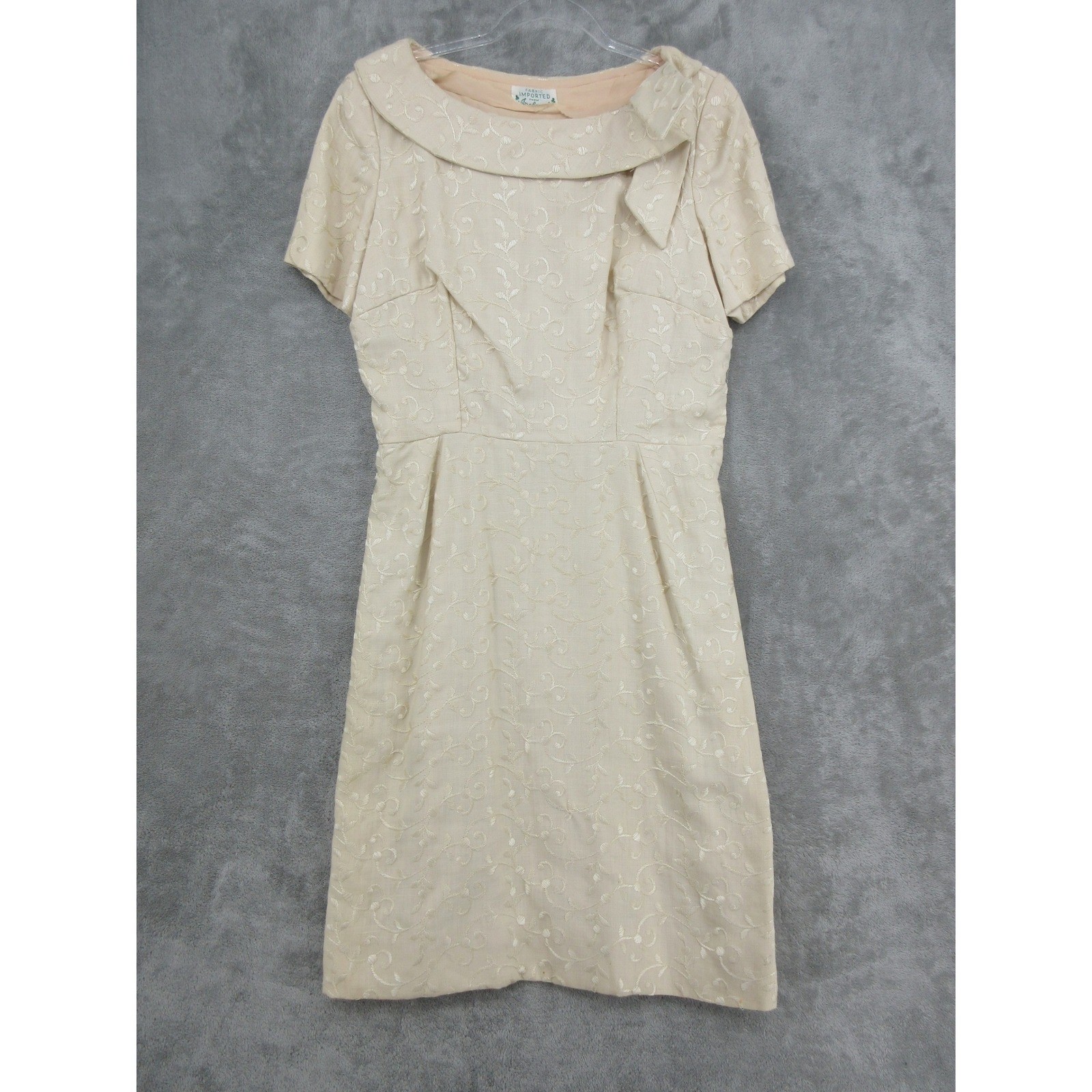 Vintage Dress Womens 8 Cream Floral Cocktail 50s 60s Irish Linen Wiggle Mad Men