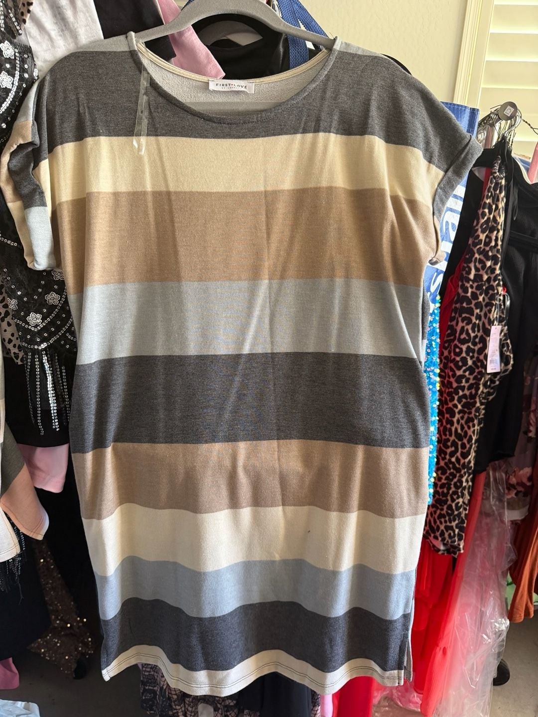 First Love by Lovestruck Multi-Color Striped Short Sleeve T-Shirt Dress