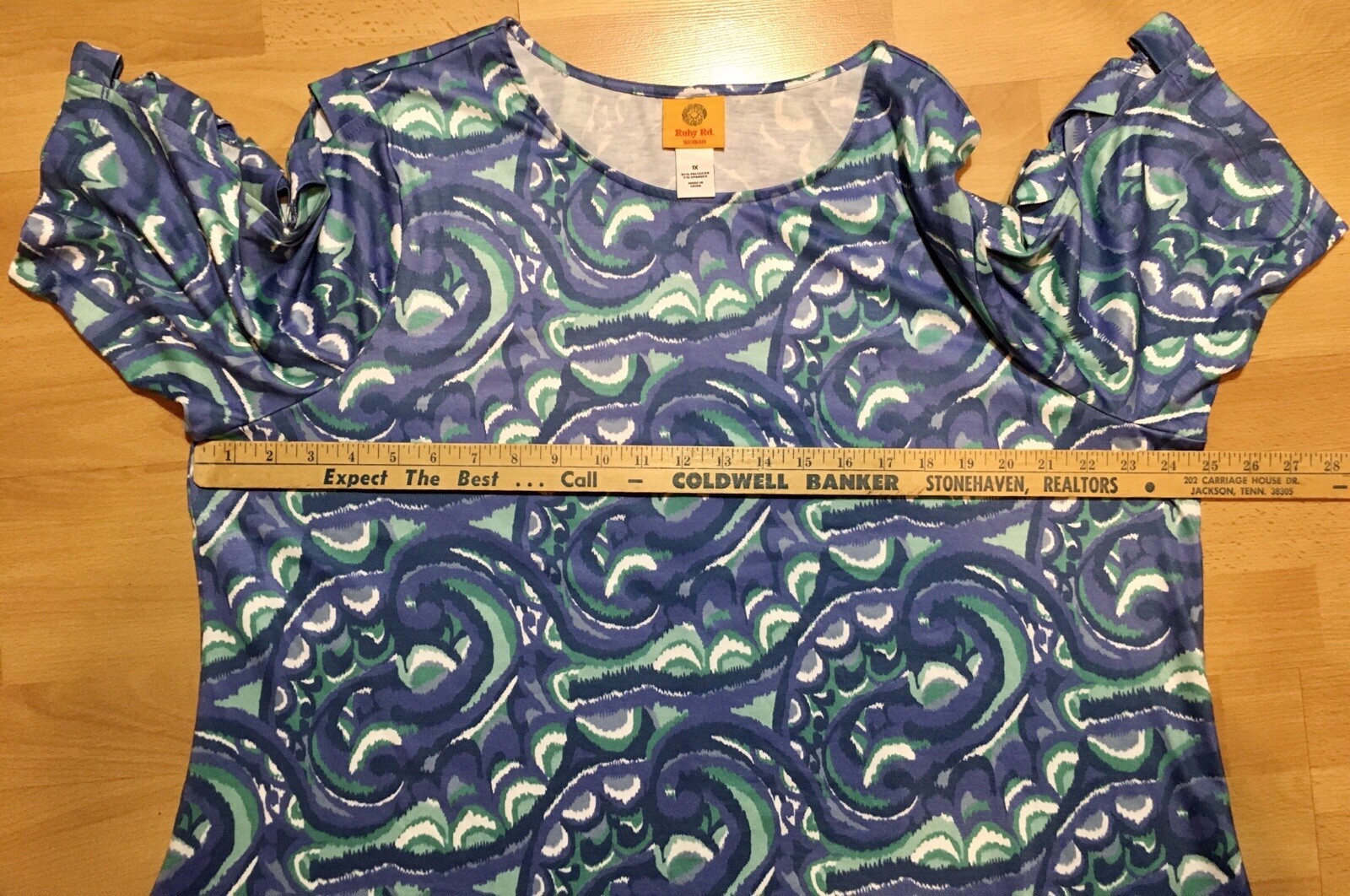RUBY RD* Blue Green White Abstract Designs Dress Women’s Size 1X EUC