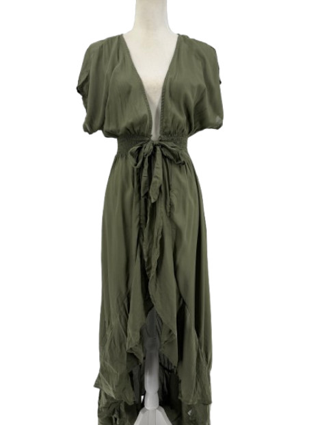 Lascana Dress Womens 6 Green Plunge V-Neck Tie Waist Open Skirt Boho Beachy