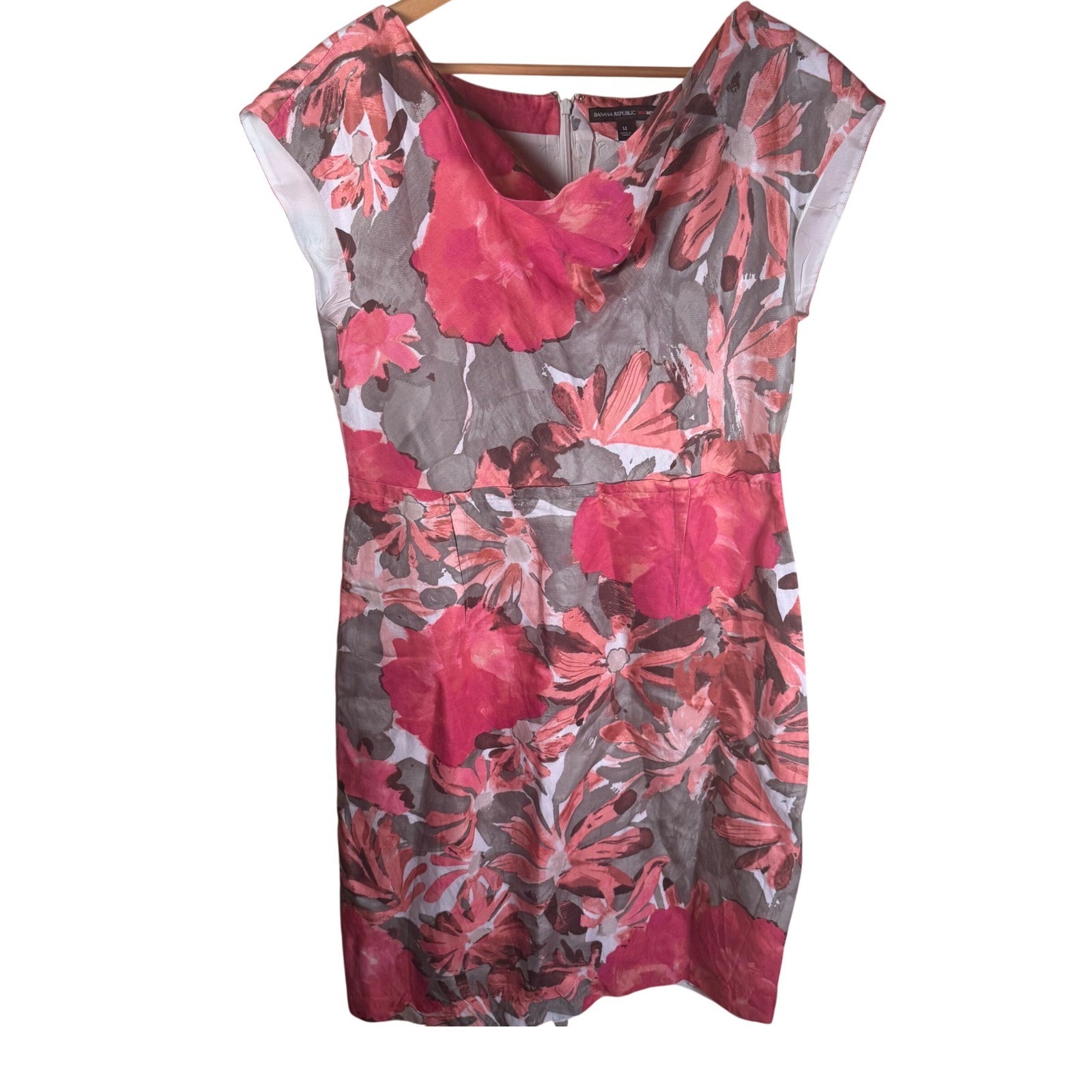 Banana Republic Mad Men Sheath Dress Womens 14 Pink Floral Linen Blend Retro