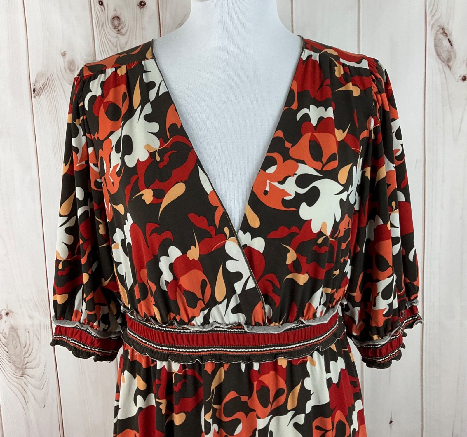 Max Edition Multicolor V-Neck Faux Wrap 3/4 Sleeve Ruffle Midi Dress Size XL