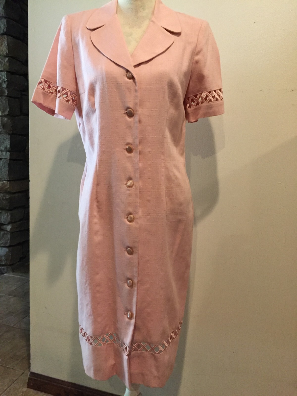 Leslie Fay Button-down Dresses, SZ 10 Pink, Open X-trim on sleeves & Hem Vintage