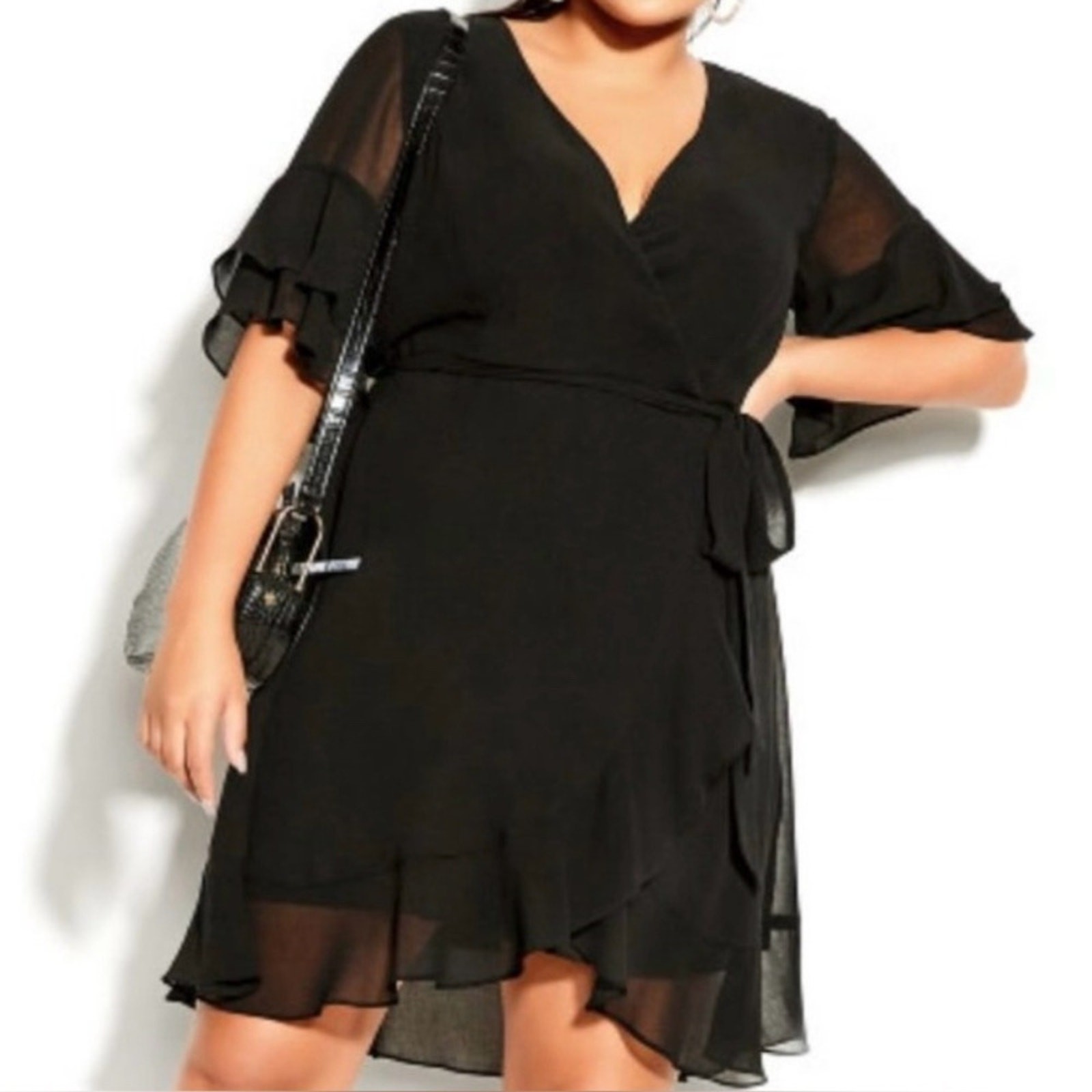 City Chic Wrap LBD Flutter Frill Chiffon Black Dress NWT M 18W Cocktail