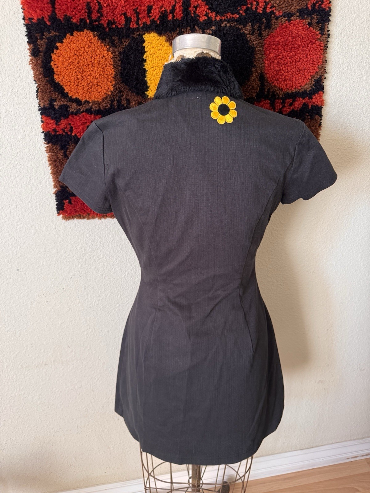 Vintage 90s Y2K Black Zip Front Bodycon Mini Dress vtg Flower Patch Mossimo