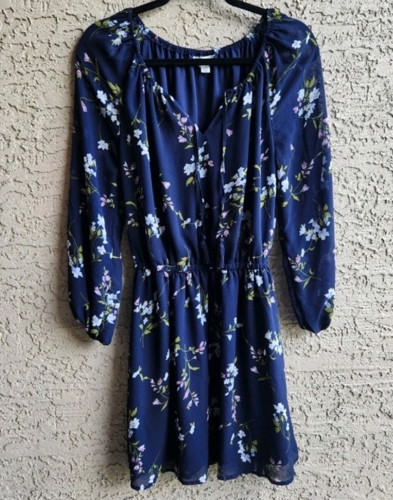 Krazy Kat Dark Blue Floral Dress Lined Body Semishear Sleeves Medium Fall Dress