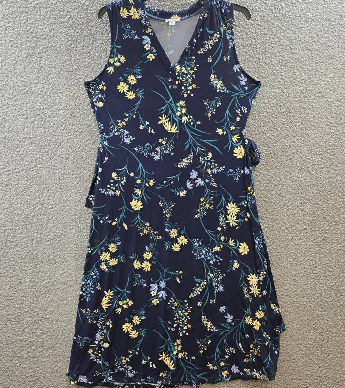 Sam & Jess Printed V-Neck Tie-Waist Midi Dress Women’s XL Navy Multi Pullover