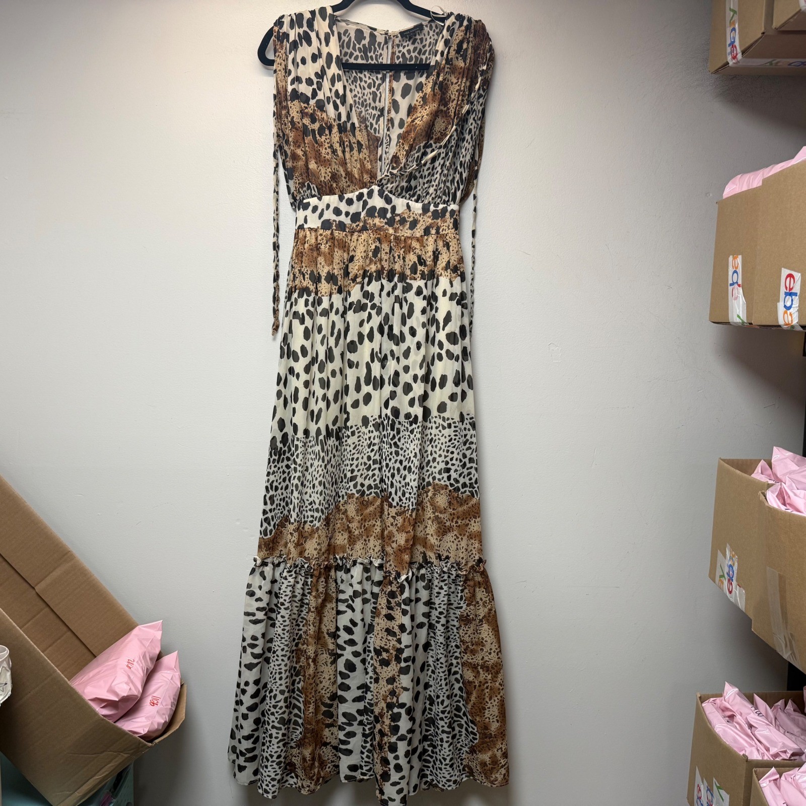 Miss Avenue Maxi Dress Women Small Brown Excellent Animal Print Tiered DM2170