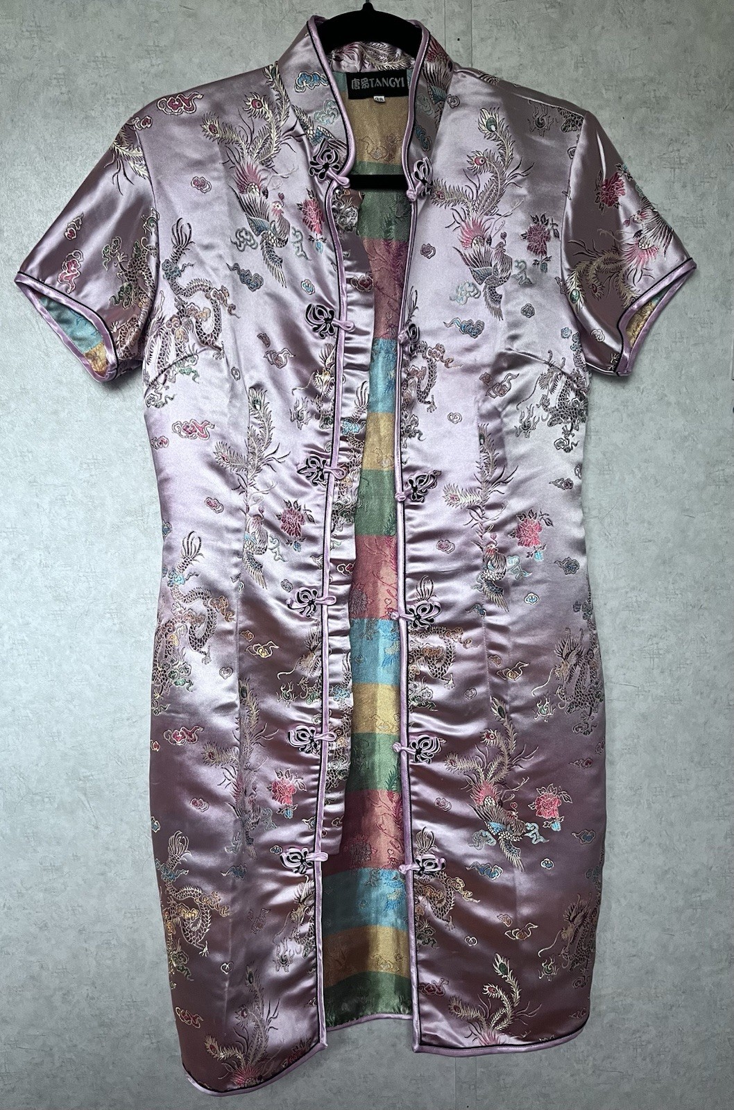 Tangyi Pink Satin Embroidered Brocade Qipao Cheongsam Mandarin Dress Size XS