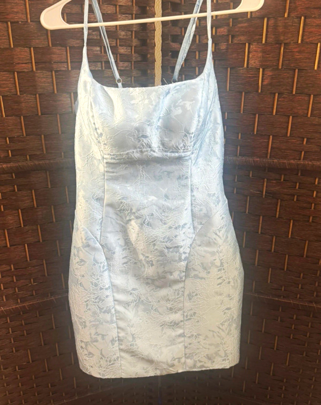 Light Blue Floral Jacquard Mini Dress 14 Square Neck Strappy Lined Lace-Up