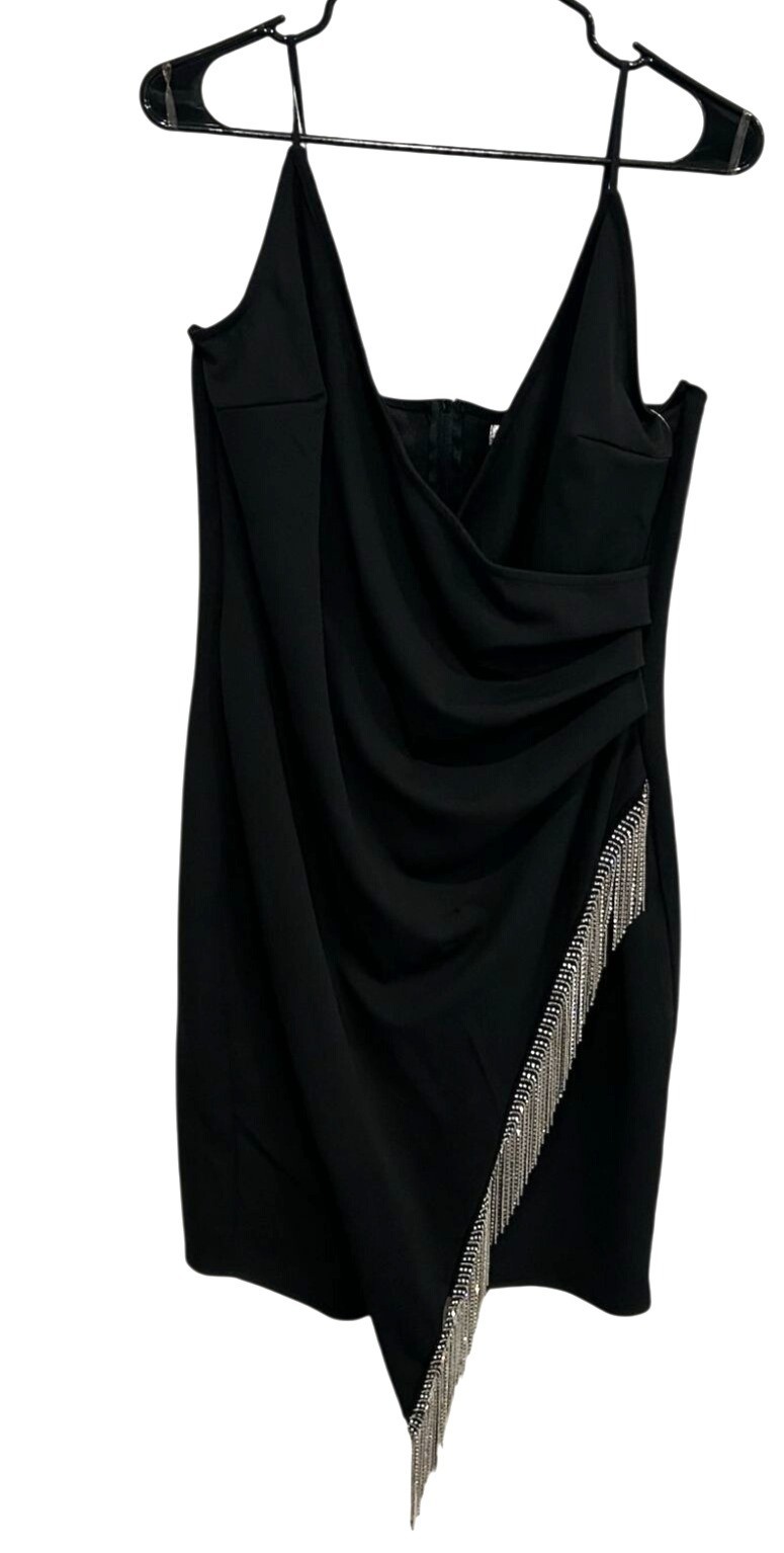 Honey And Rosie 14 Black Rhinestone Fringe Bodycon Mini Dress Y2K NWT