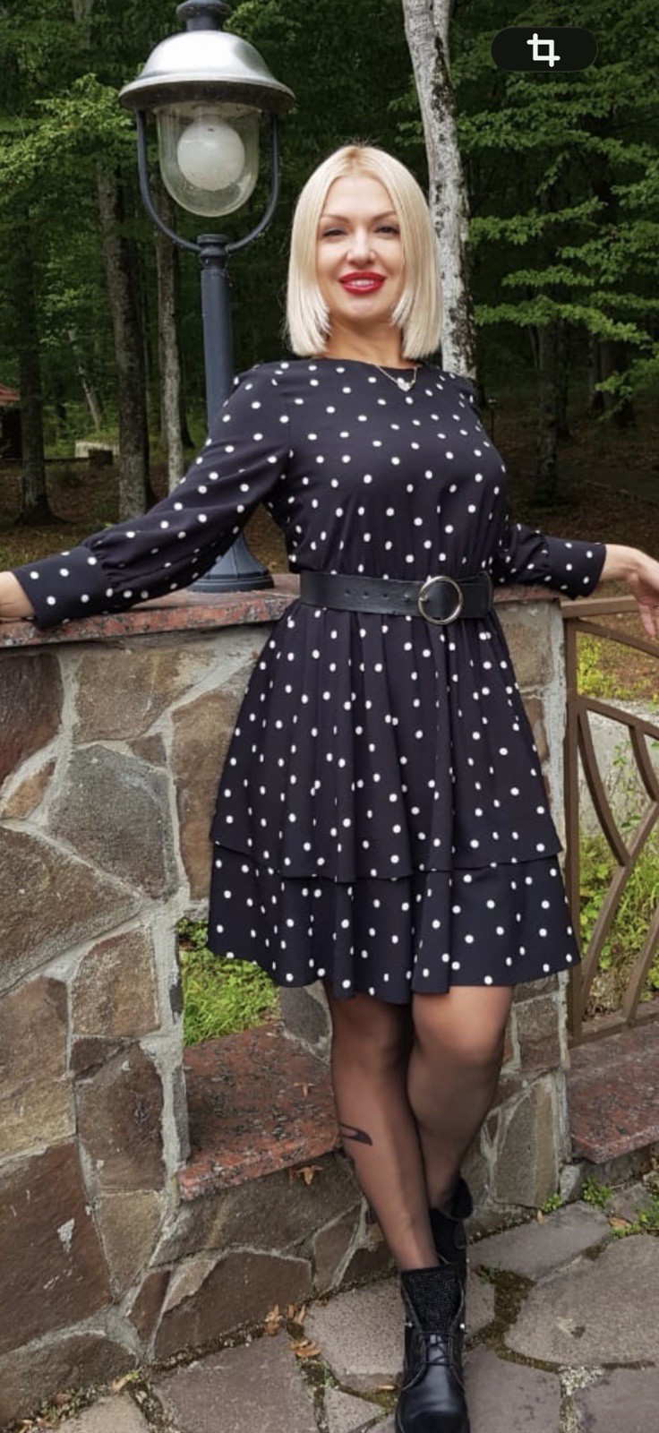 White Black & White Polka Dot A-Line Short Dress Belted Long Sleeve Size 38