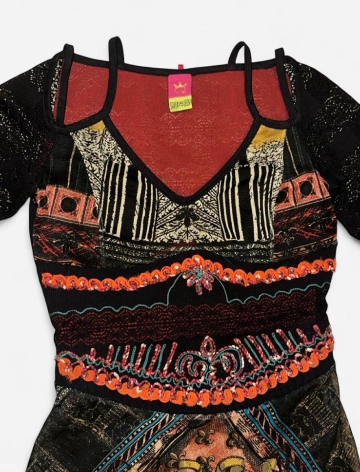 Save The Queen! Print Mesh Tulle Embroidered Eyelet Lace Cut-Out Dress Size L