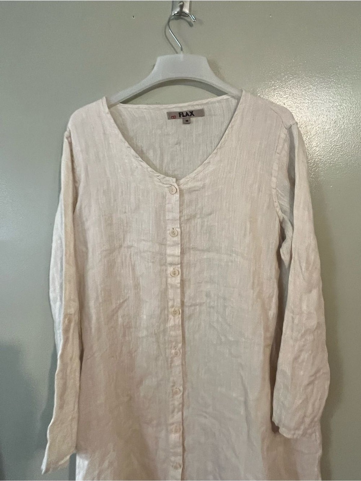 Flax Linen Button-Front Long Roll Top Sleeves Dress Coastal Beige Oversized M