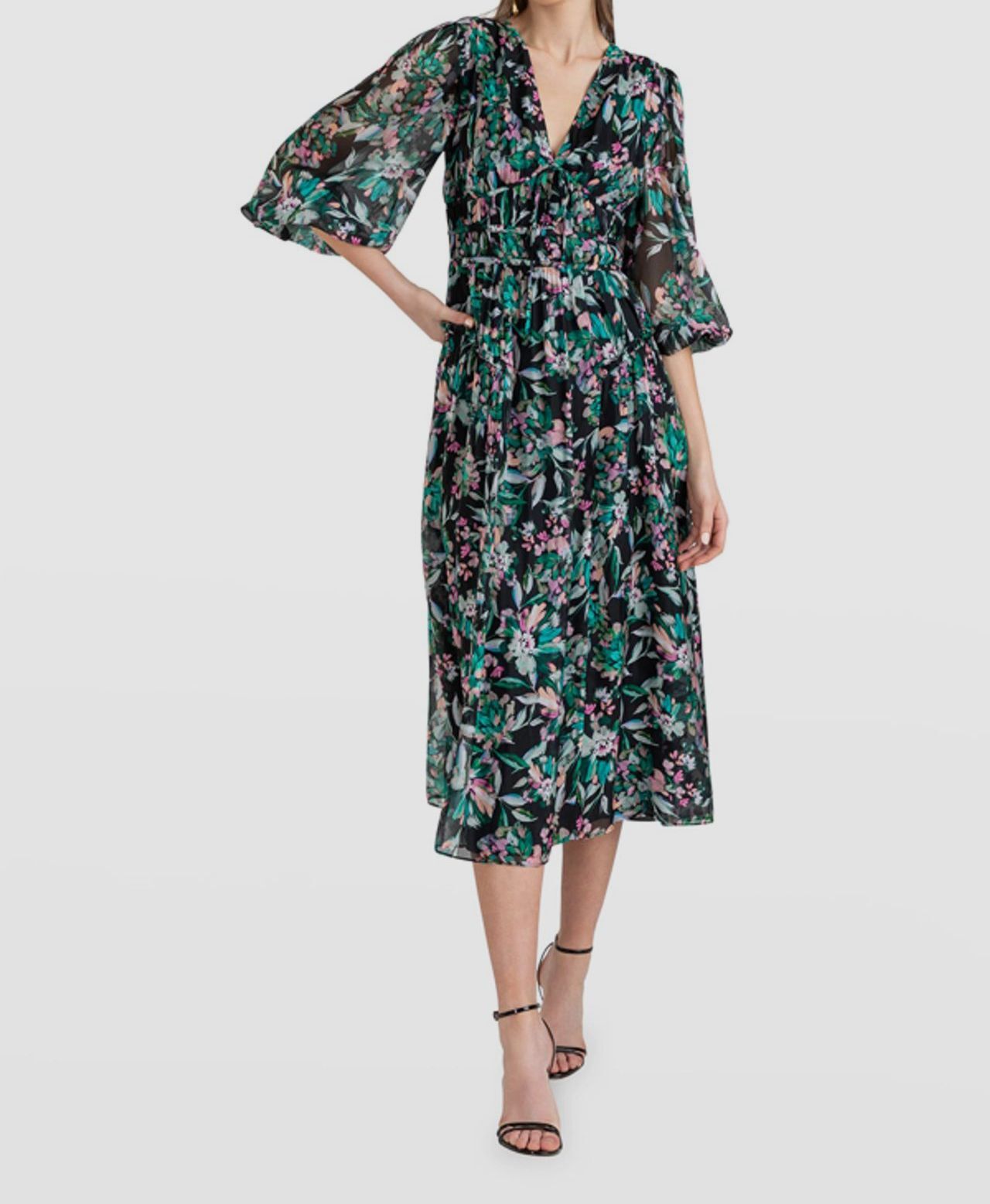 $595 Shoshanna Women’s Black Silk Floral Smocked Self-Tie A-Line Dress Size 8