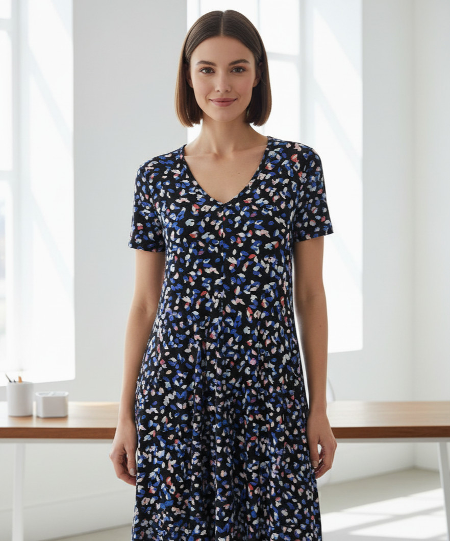 Roaman’s 14 16 Swing Dress Black Blue Print Ultra Smooth Career Retro Office
