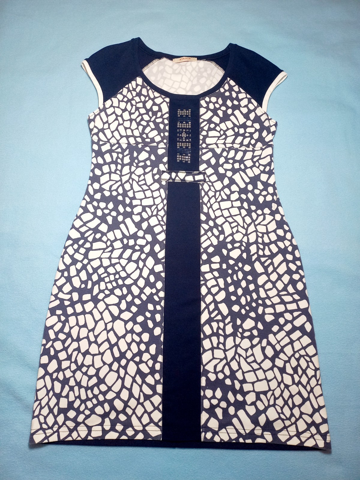 Viccio, Barcelona stretchy dress, fit size 12-14, navy blue + white
