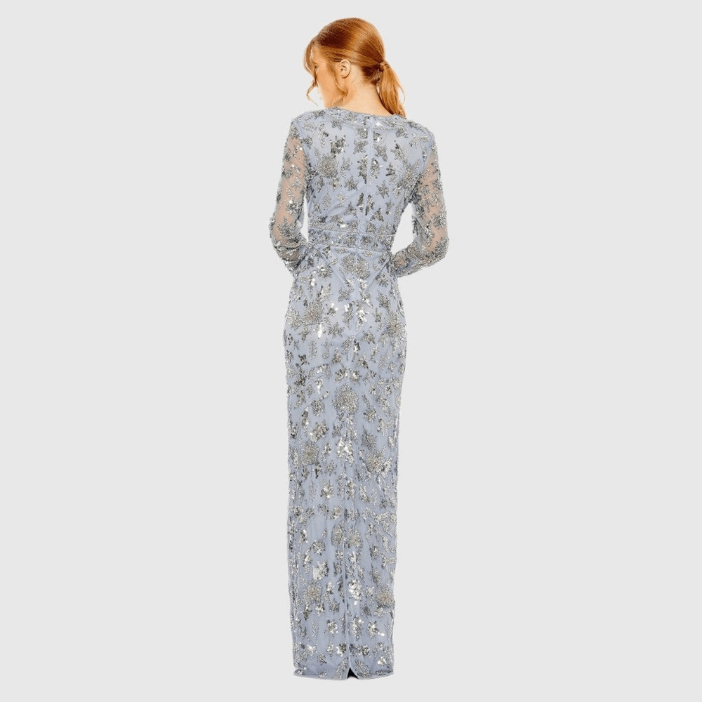 MAC DUGGAL 93939 Womens High Neck Long Sleeve Embellished Column Gown Dress Blue
