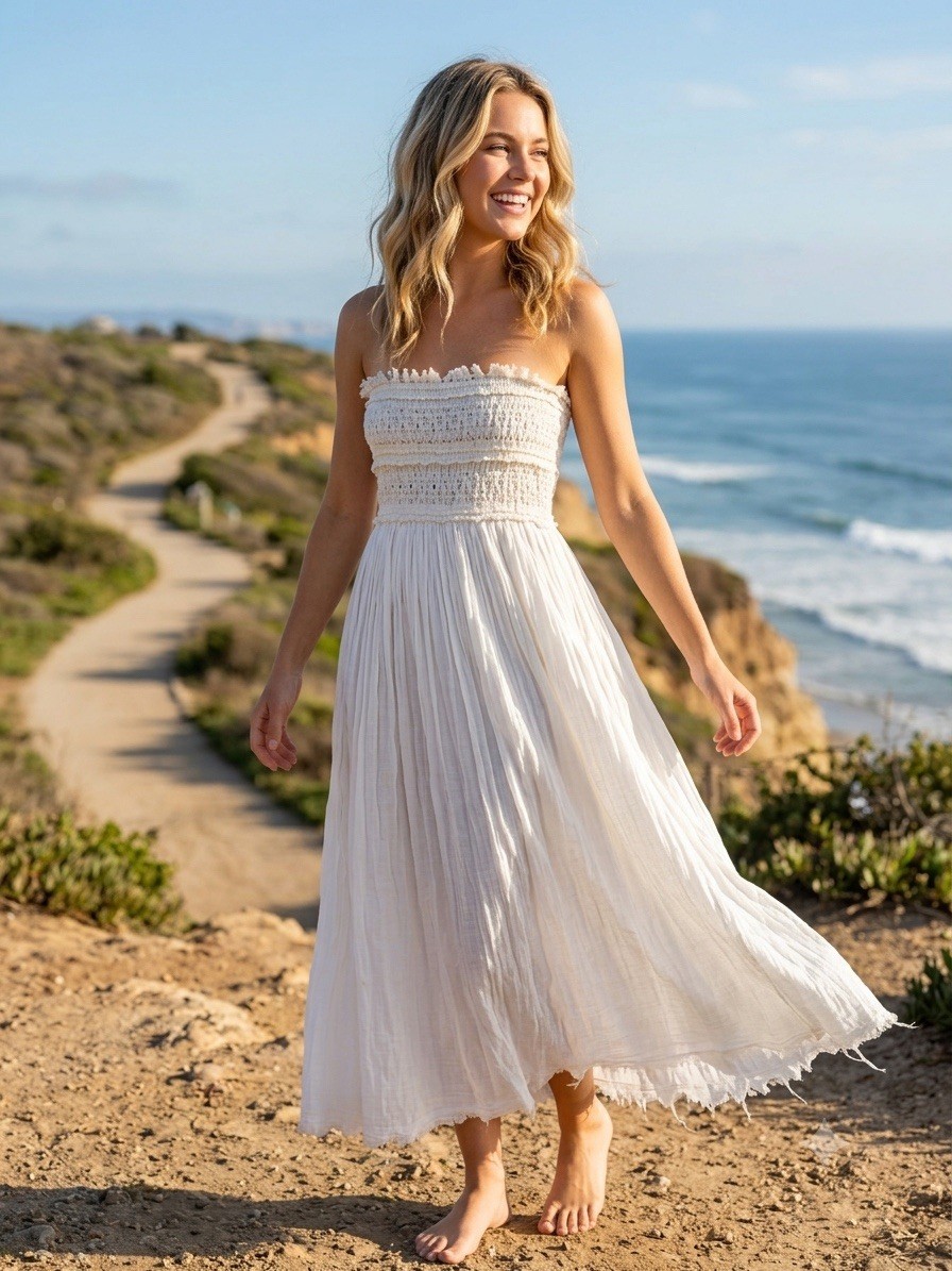 Free People FP One Ravenna Dress Large White Cotton Smocked Raw Hem Boho Beach