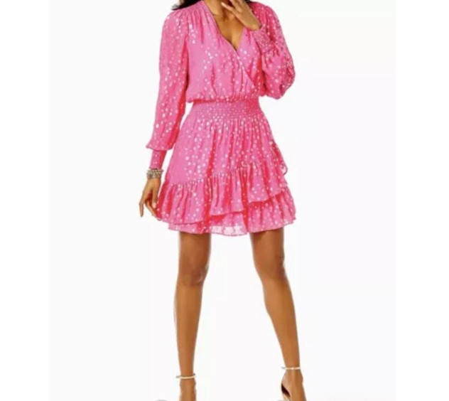 Japna: Long Sleeve Ruffled Short Dress in Chiffon Pink and White Floral Medium