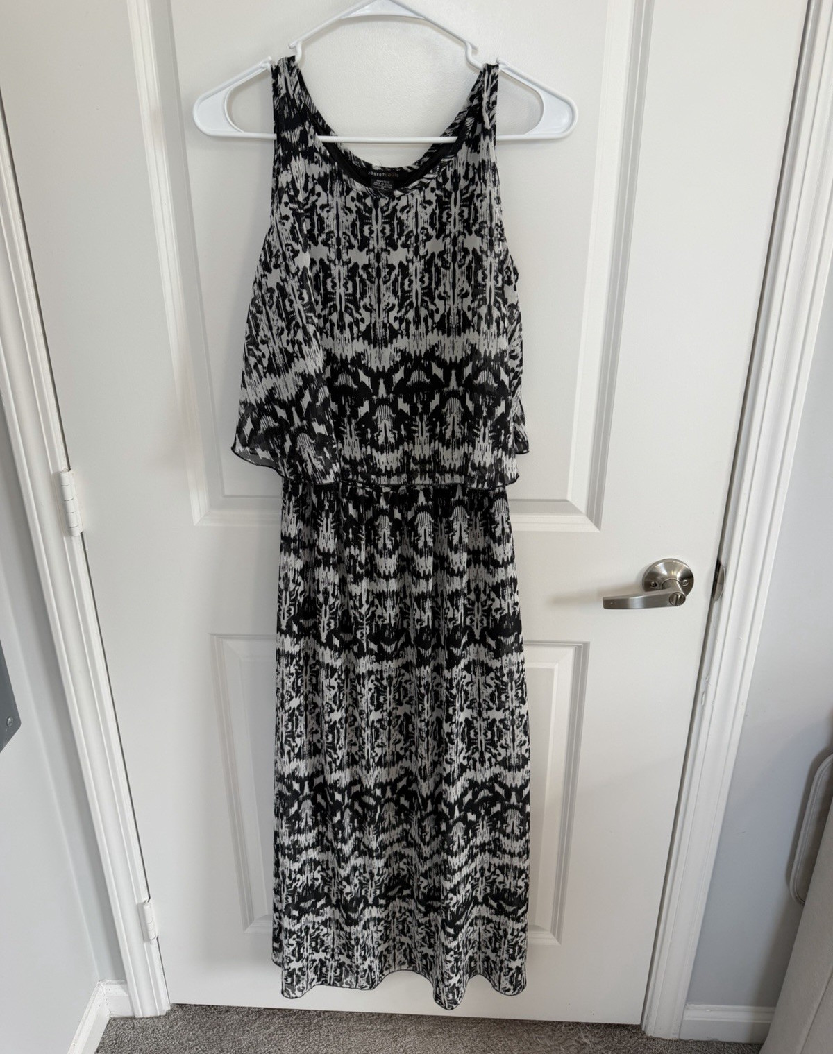 Robert Louis Black White Abstract Chiffon Layered A-Line Midi Dress M