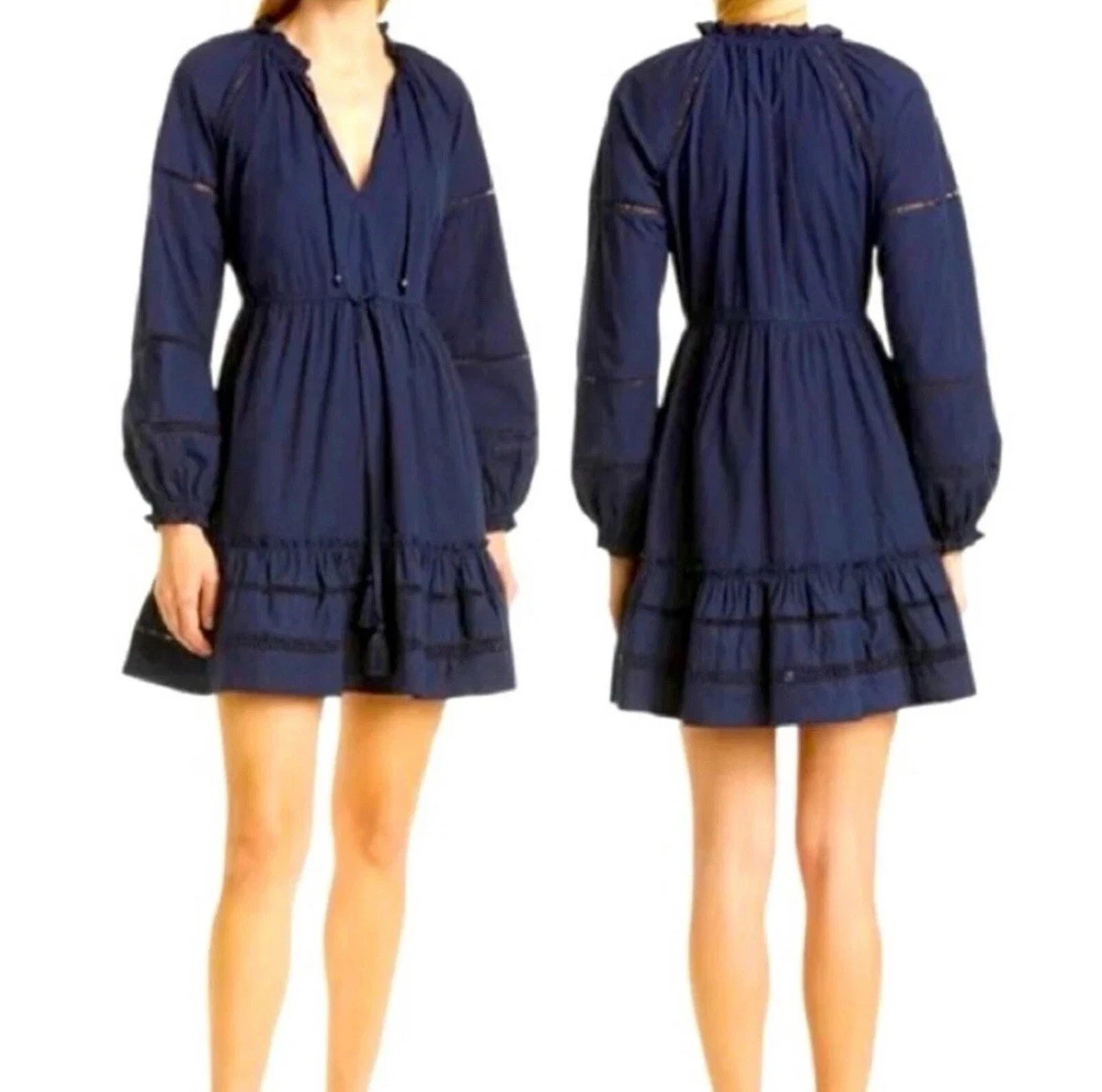 Veronica Beard FAB! Danica Navy Blue Long Sleeve V Neckline Tassel Mini Dress S